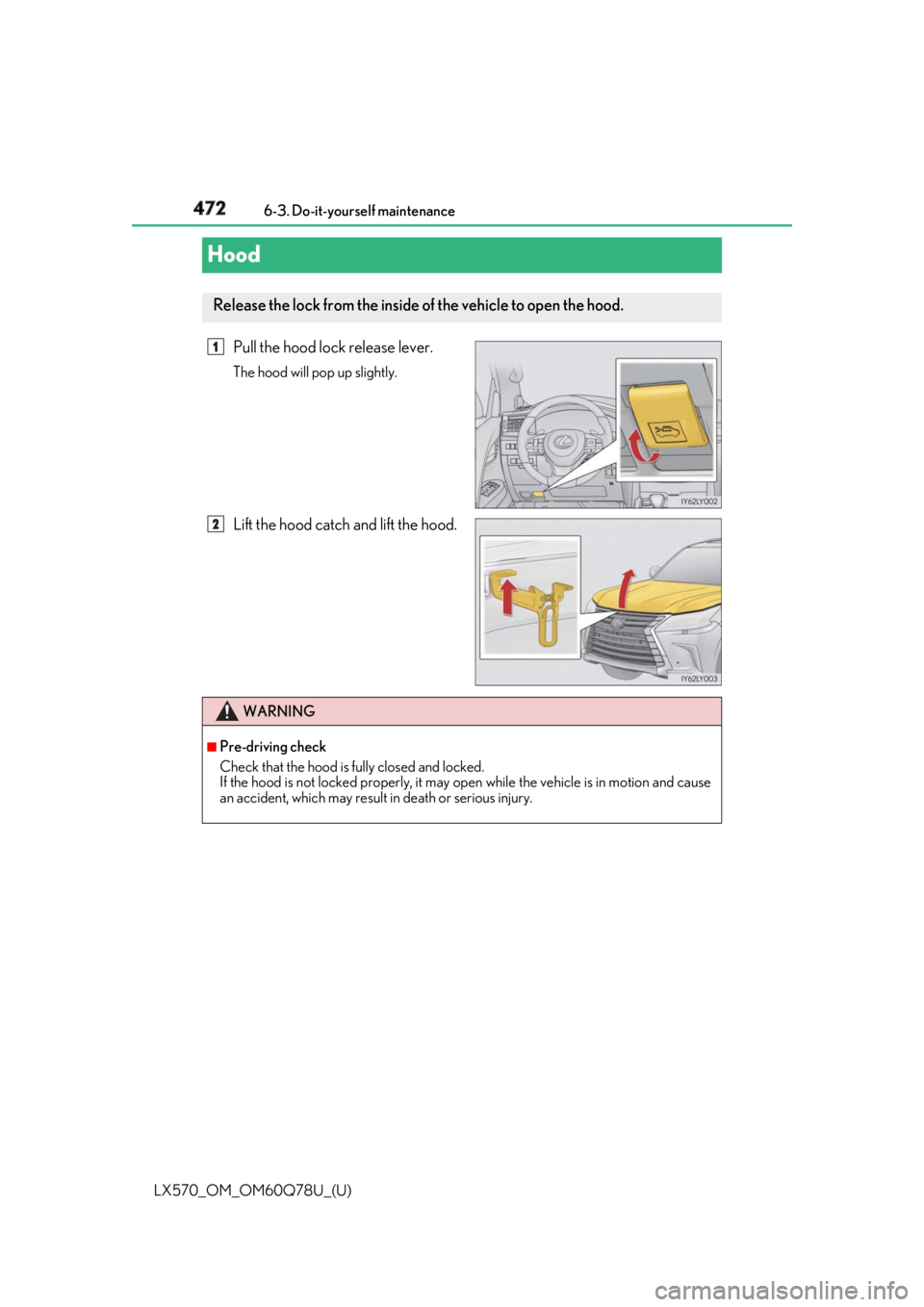 LEXUS LX570 2018 Owners Manual 472
LX570_OM_OM60Q78U_(U) 6-3. Do-it-yourself maintenance
Hood Pull the hood lock release lever. The hood will pop up slightly.
Lift the hood catch and lift the hood.Release the lock from the inside LEXUS LX570 2018 Owners Manual 472
LX570_OM_OM60Q78U_(U) 6-3. Do-it-yourself maintenance
Hood Pull the hood lock release lever. The hood will pop up slightly.
Lift the hood catch and lift the hood.Release the lock from the inside