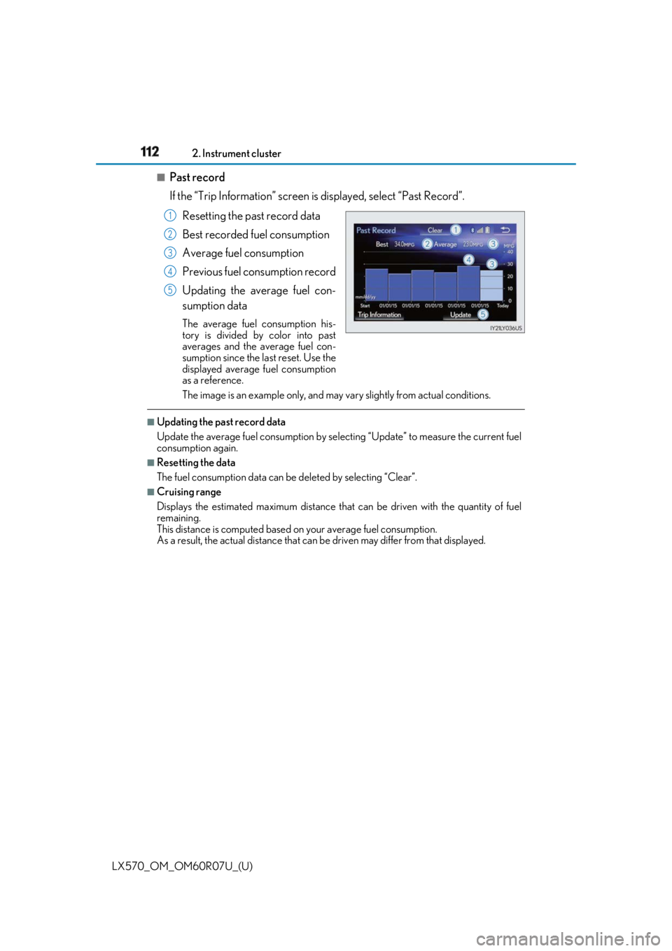 LEXUS LX570 2019 Owners Manual 112
LX570_OM_OM60R07U_(U) 2. Instrument cluster■
Past record
If the “Trip Information” screen is displayed, select “Past Record”.
Resetting the past record data
Best recorded fuel consumpti LEXUS LX570 2019 Owners Manual 112
LX570_OM_OM60R07U_(U) 2. Instrument cluster■
Past record
If the “Trip Information” screen is displayed, select “Past Record”.
Resetting the past record data
Best recorded fuel consumpti