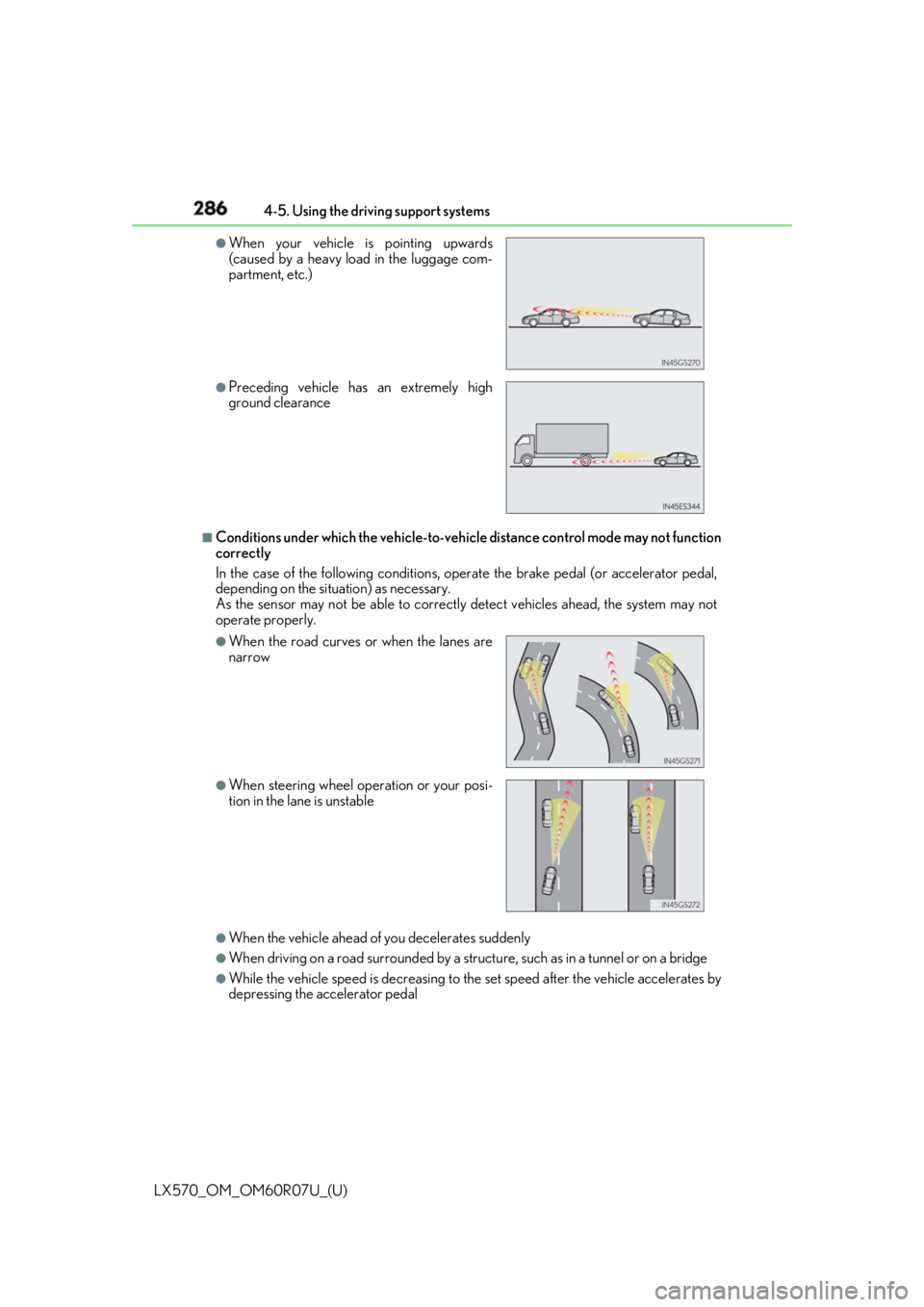 LEXUS LX570 2019 Owners Manual 286
LX570_OM_OM60R07U_(U) 4-5. Using the driving support systems
■
Conditions under which the ve hicle-to-vehicle distance co ntrol mode may not function
correctly
In the case of the following condi LEXUS LX570 2019 Owners Manual 286
LX570_OM_OM60R07U_(U) 4-5. Using the driving support systems
■
Conditions under which the ve hicle-to-vehicle distance co ntrol mode may not function
correctly
In the case of the following condi