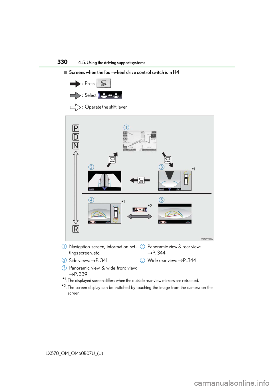 LEXUS LX570 2019 Owners Manual 330
LX570_OM_OM60R07U_(U) 4-5. Using the driving support systems■
Screens when the four-wheel drive control switch is in H4
: Press
: Select
: Operate the shift lever
* 1
: The displayed screen di LEXUS LX570 2019 Owners Manual 330
LX570_OM_OM60R07U_(U) 4-5. Using the driving support systems■
Screens when the four-wheel drive control switch is in H4
: Press
: Select
: Operate the shift lever
* 1
: The displayed screen di