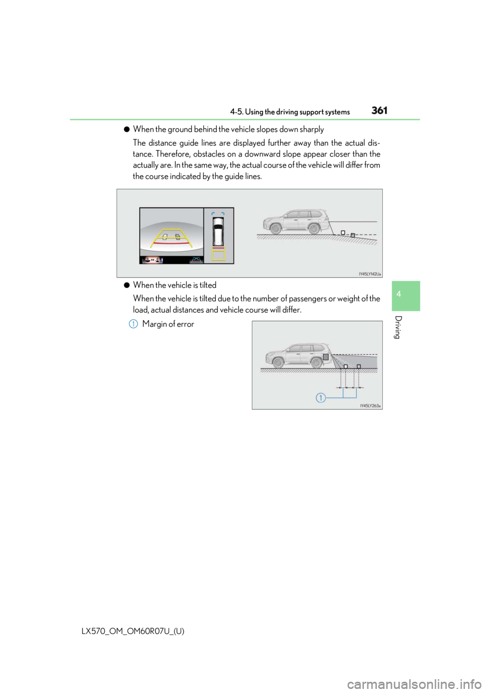 LEXUS LX570 2019 Owners Manual LX570_OM_OM60R07U_(U) 3614-5. Using the driving support systems
4
Driving ●
When the ground behind the vehicle slopes down sharply
The distance guide lines are displayed further away than the actual LEXUS LX570 2019 Owners Manual LX570_OM_OM60R07U_(U) 3614-5. Using the driving support systems
4
Driving ●
When the ground behind the vehicle slopes down sharply
The distance guide lines are displayed further away than the actual