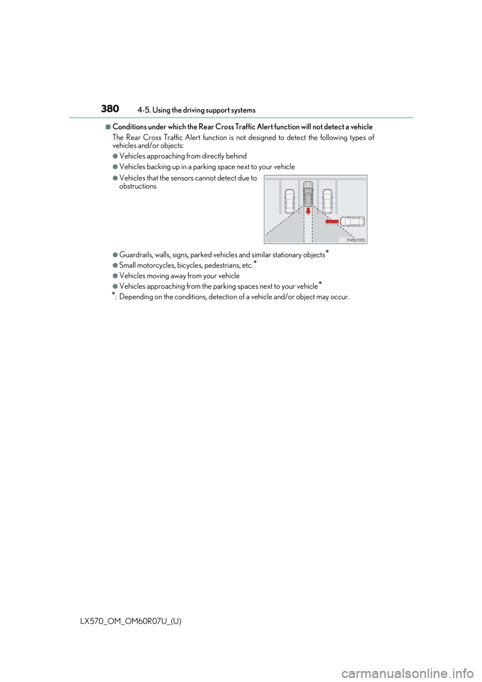LEXUS LX570 2019 Owners Manual 380
LX570_OM_OM60R07U_(U) 4-5. Using the driving support systems■
Conditions under which the Re ar Cross Traffic Alert function will not detect a vehicle
The Rear Cross Traffic Alert function is no LEXUS LX570 2019 Owners Manual 380
LX570_OM_OM60R07U_(U) 4-5. Using the driving support systems■
Conditions under which the Re ar Cross Traffic Alert function will not detect a vehicle
The Rear Cross Traffic Alert function is no