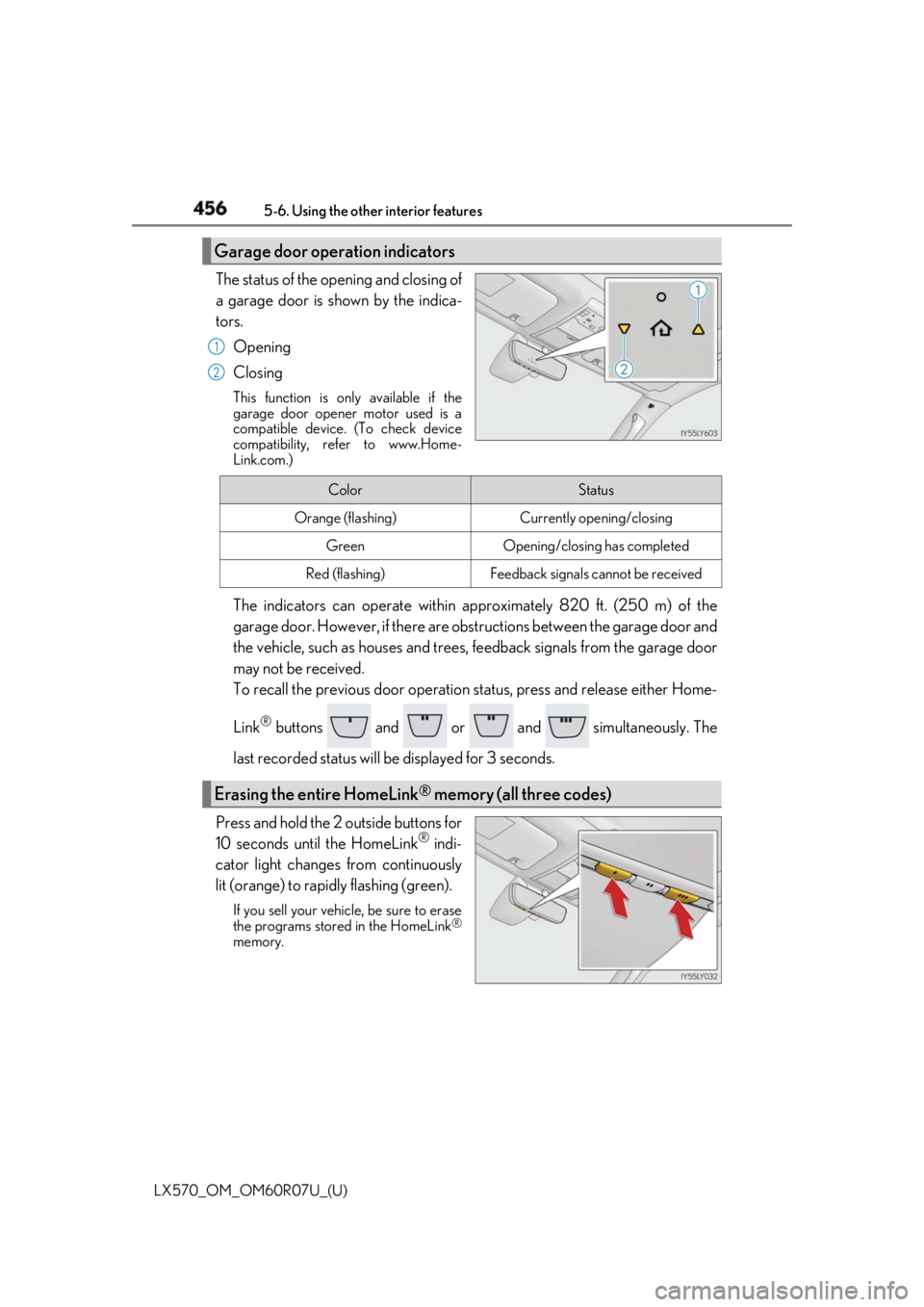 LEXUS LX570 2019 Owners Manual 456
LX570_OM_OM60R07U_(U) 5-6. Using the other interior features
The status of the opening and closing of
a garage door is shown by the indica-
tors.
Opening
Closing This function is only available if LEXUS LX570 2019 Owners Manual 456
LX570_OM_OM60R07U_(U) 5-6. Using the other interior features
The status of the opening and closing of
a garage door is shown by the indica-
tors.
Opening
Closing This function is only available if