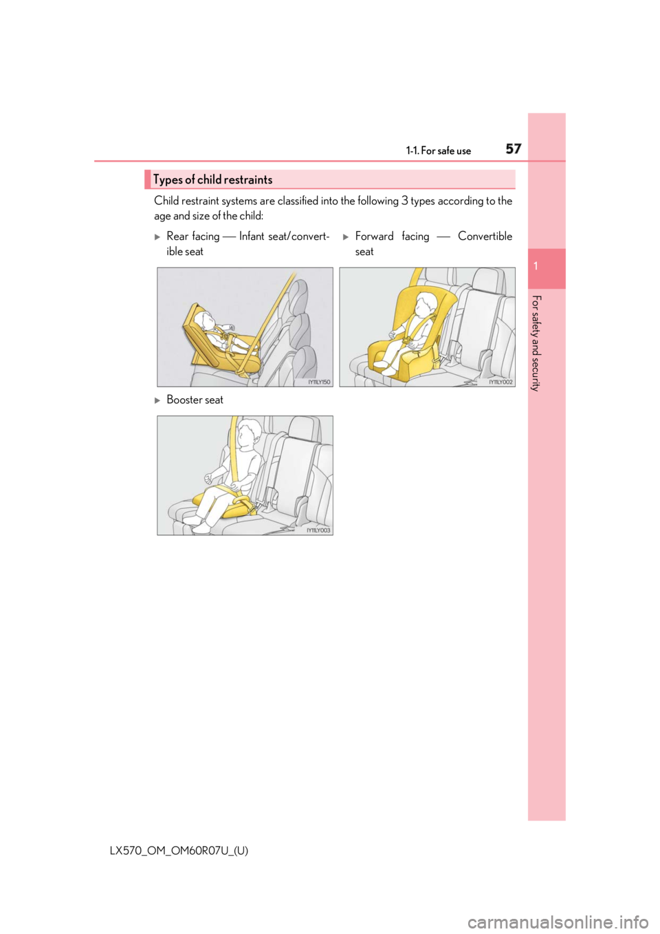 LEXUS LX570 2019 Workshop Manual 571-1. For safe use
LX570_OM_OM60R07U_(U) 1
For safety and security Child restraint systems are classified in to the following 3 types according to the
age and size of the child:
Types of child restra LEXUS LX570 2019 Workshop Manual 571-1. For safe use
LX570_OM_OM60R07U_(U) 1
For safety and security Child restraint systems are classified in to the following 3 types according to the
age and size of the child:
Types of child restra