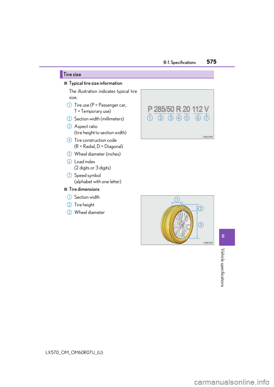 LEXUS LX570 2019 User Guide LX570_OM_OM60R07U_(U) 5758-1. Specifications
8
Vehicle specifications ■
Typical tire size information
The illustration indicates typical tire
size.
Tire use (P = Passenger car,
T = Temporary use)
S LEXUS LX570 2019 User Guide LX570_OM_OM60R07U_(U) 5758-1. Specifications
8
Vehicle specifications ■
Typical tire size information
The illustration indicates typical tire
size.
Tire use (P = Passenger car,
T = Temporary use)
S