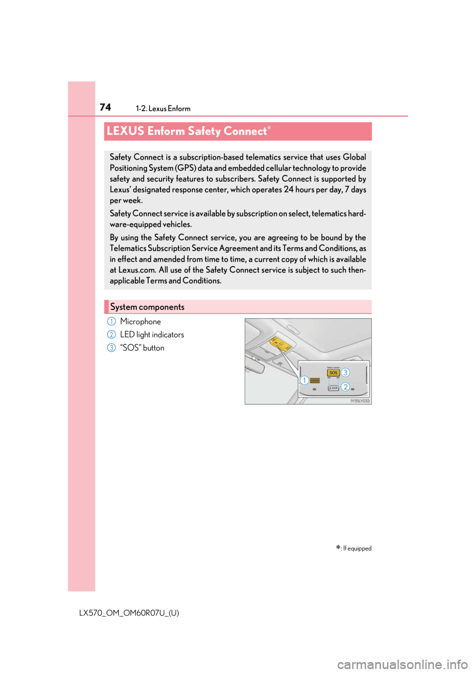 LEXUS LX570 2019 Owners Manual 74 1-2. Lexus Enform
LX570_OM_OM60R07U_(U)LEXUS Enform Safety Connect
Microphone
LED light indicators
“SOS” button
: If equippedSafety Connect is a subscription-based telematics service t LEXUS LX570 2019 Owners Manual 74 1-2. Lexus Enform
LX570_OM_OM60R07U_(U)LEXUS Enform Safety Connect
Microphone
LED light indicators
“SOS” button
: If equippedSafety Connect is a subscription-based telematics service t