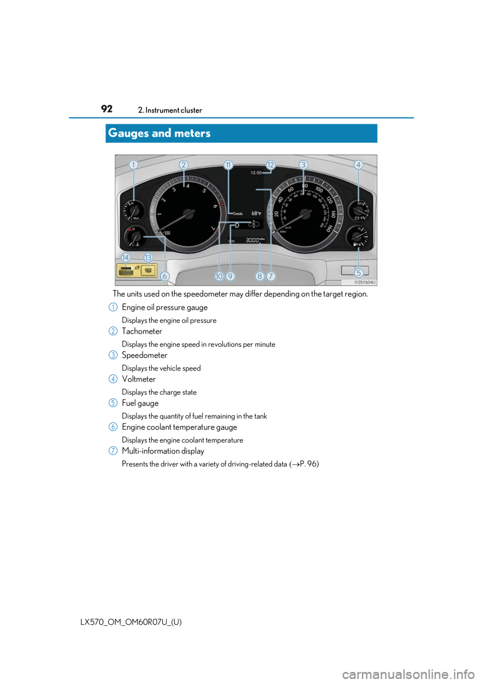 LEXUS LX570 2019 Owners Manual 92
LX570_OM_OM60R07U_(U) 2. Instrument cluster
Gauges and meters
The units used on the speedometer may di ffer depending on the target region.
Engine oil pressure gauge Displays the engine oil pressur LEXUS LX570 2019 Owners Manual 92
LX570_OM_OM60R07U_(U) 2. Instrument cluster
Gauges and meters
The units used on the speedometer may di ffer depending on the target region.
Engine oil pressure gauge Displays the engine oil pressur