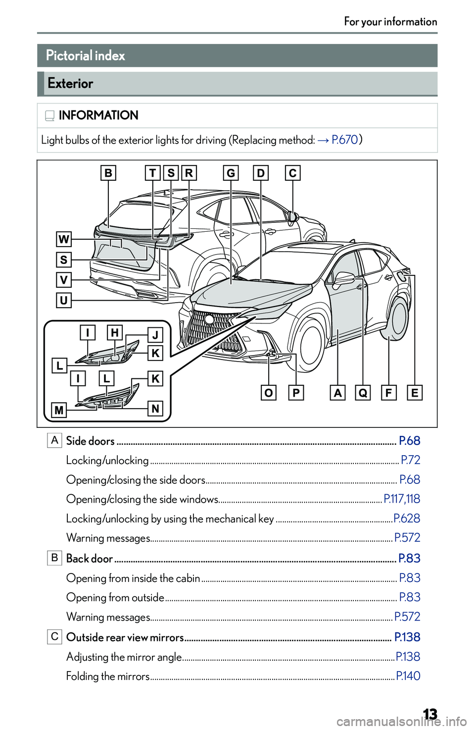 LEXUS NX250 350 2023 User Guide �P�i�c�t�o�r�i�a�l��i�n�d�e�x
�E�x�t�e�r�i�o�r
�I�N�F�O�R�M�A�T�I�O�N�L�i�g�h�t� �b�u�l�b�s� �o�f� �t�h�e� �e�x�t�e�r�i�o�r� �l�i�g�h�t�s� �f�o�r� �d�r�i�v�i�n�g� �(�R�e�p�l�a�c�i�n�g� �m�e�t�h�o�d�:
