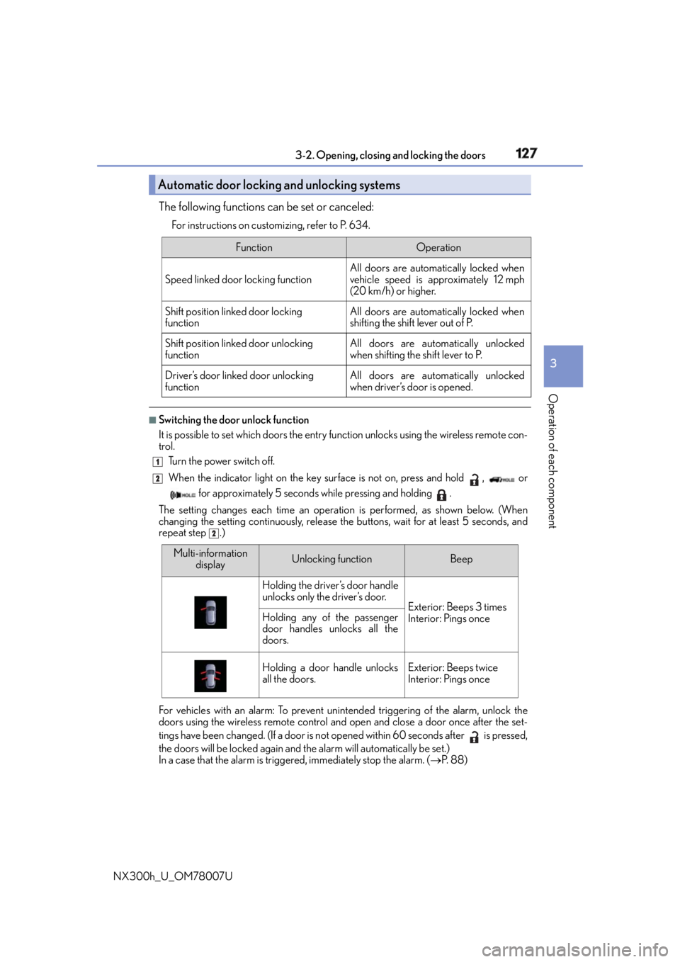 LEXUS NX300h 2015  Owners Manual 1273-2. Opening, closing  and locking the doors
3
Operation of each component
NX300h_U_OM78007U The following functions can be set or canceled: For instructions on customizing, refer to P. 634.
■
Sw