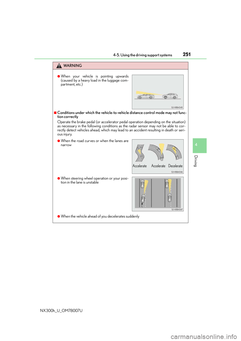 LEXUS NX300h 2015 Owners Manual 2514-5. Using the driving support systems
4
Driving
NX300h_U_OM78007U WA R N I N G
■
Conditions under which the vehicle-to-vehic le distance control mode may not func-
tion correctly
Operate the bra