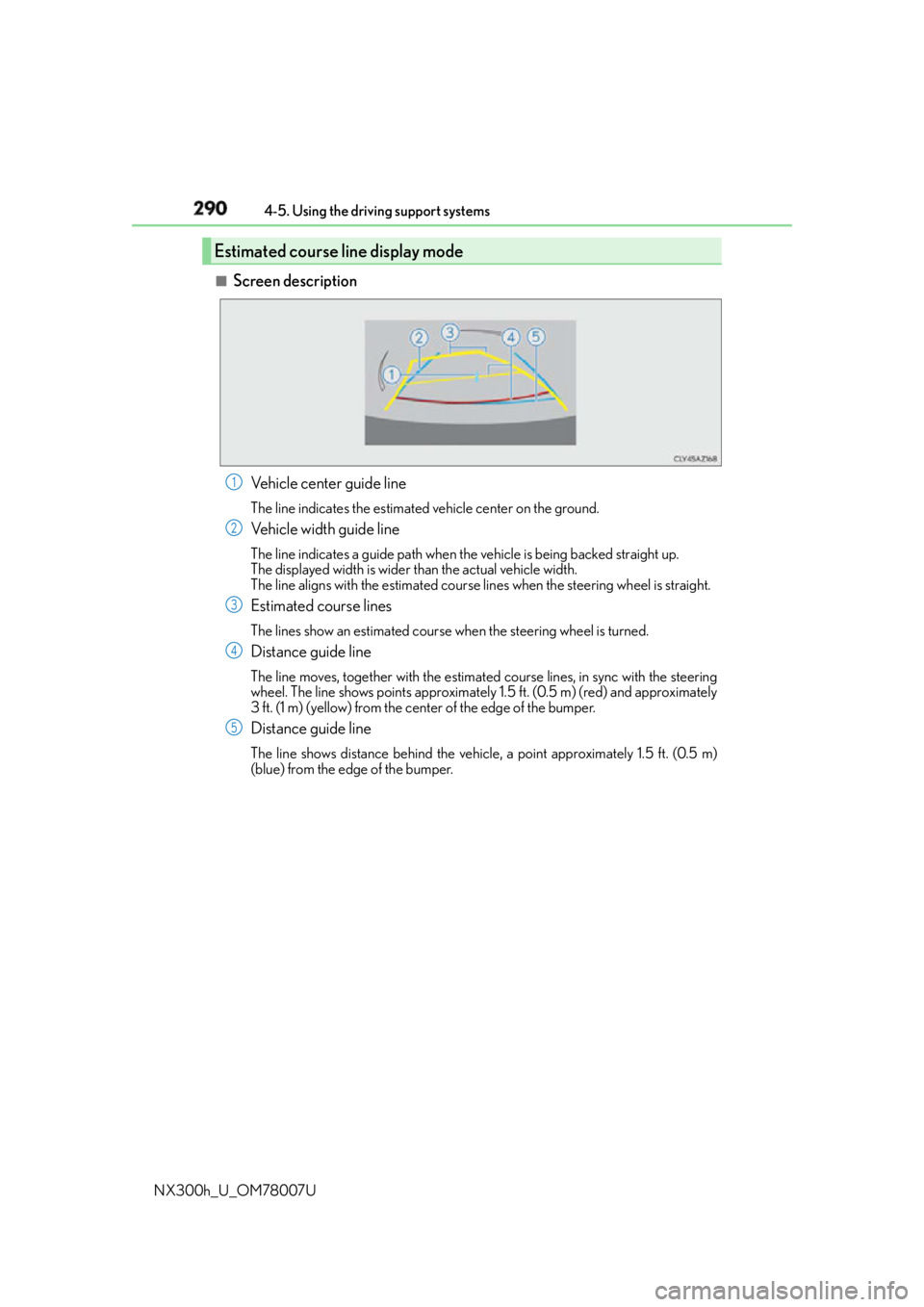 LEXUS NX300h 2015 Owners Manual 290 4-5. Using the driving support systems
NX300h_U_OM78007U ■
Screen description
Vehicle center guide line The line indicates the estimated vehicle center on the ground.
Vehicle width guide line Th LEXUS NX300h 2015 Owners Manual 290 4-5. Using the driving support systems
NX300h_U_OM78007U ■
Screen description
Vehicle center guide line The line indicates the estimated vehicle center on the ground.
Vehicle width guide line Th