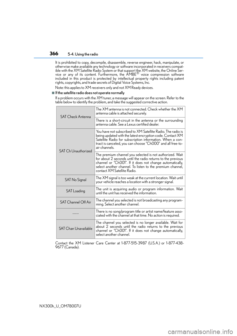 LEXUS NX300h 2015 User Guide 366 5-4. Using the radio
NX300h_U_OM78007U It is prohibited to copy, decompile, disassemble, reverse engineer, hack, manipulate, or
otherwise make available any technology or software incorporated in 