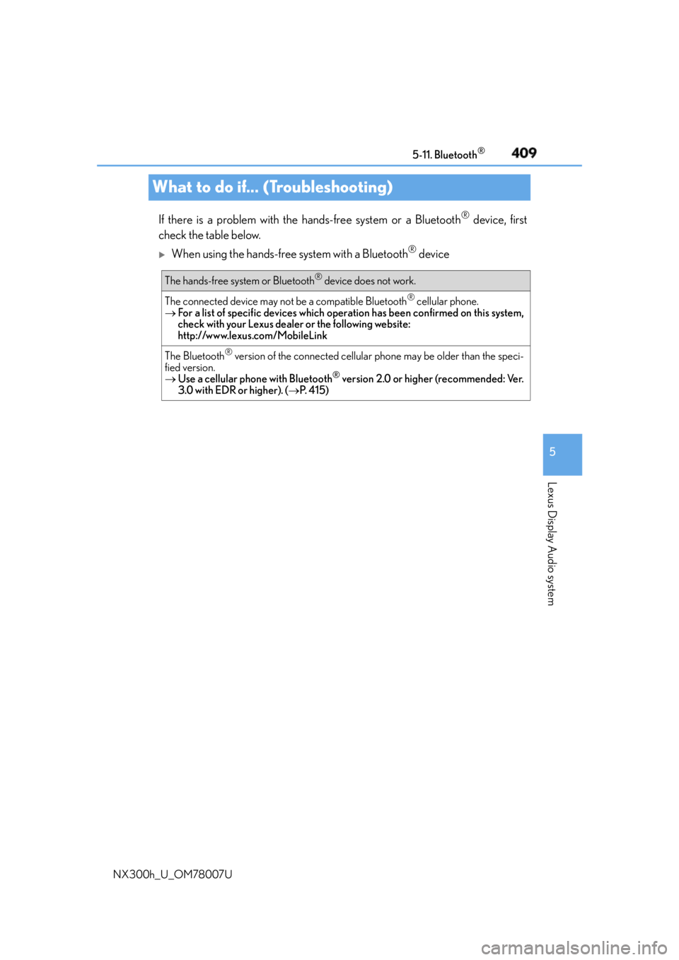 LEXUS NX300h 2015 Owners Guide 4095-11. Bluetooth ®
5
Lexus Display Audio system
NX300h_U_OM78007UWhat to do if... (Troubleshooting) If there is a problem with the hands-free system or a Bluetooth ®
device, first
check the table LEXUS NX300h 2015 Owners Guide 4095-11. Bluetooth ®
5
Lexus Display Audio system
NX300h_U_OM78007UWhat to do if... (Troubleshooting) If there is a problem with the hands-free system or a Bluetooth ®
device, first
check the table