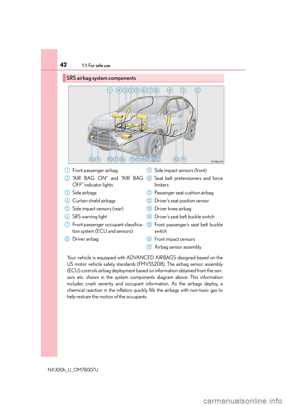 LEXUS NX300h 2015  Owners Manual 42 1-1. For safe use
NX300h_U_OM78007U Your vehicle is equipped with ADVANCED AIRBAGS designed based on the
US motor vehicle safety standards (FMVSS208). The airbag sensor assembly
(ECU) controls airb