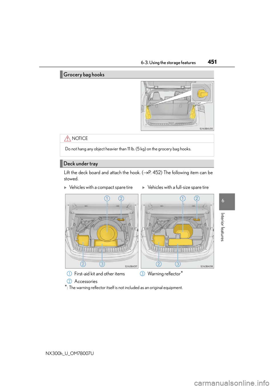 LEXUS NX300h 2015  Owners Manual 4516-3. Using the storage features
6
Interior features
NX300h_U_OM78007U Lift the deck board and attach the hook. (  P. 452) The following item can be
stowed.
* : The warning reflector itself is no