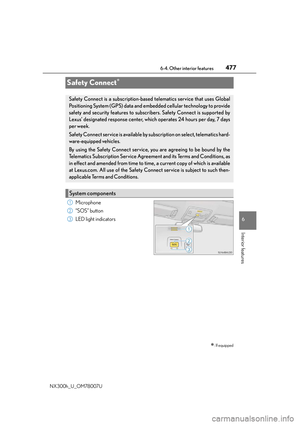 LEXUS NX300h 2015  Owners Manual 4776-4. Other interior features
6
Interior features
NX300h_U_OM78007USafety Connect 
Microphone
“SOS” button
LED light indicators
 : If equippedSafety Connect is a subscription-based  telema