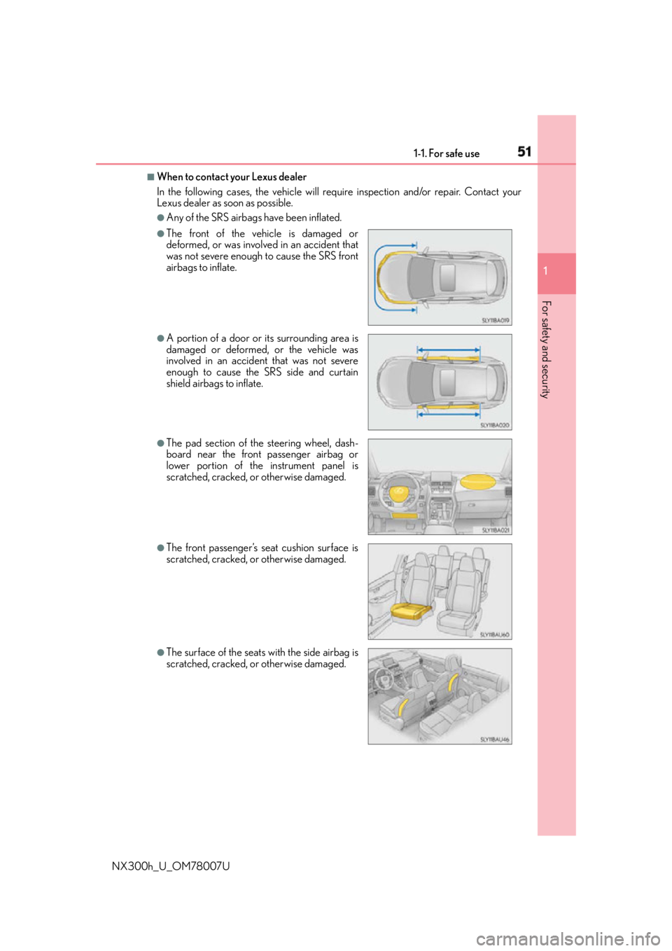 LEXUS NX300h 2015 Workshop Manual 511-1. For safe use
1
For safety and security
NX300h_U_OM78007U ■
When to contact your Lexus dealer
In the following cases, the vehicle will re quire inspection and/or repair. Contact your
Lexus dea