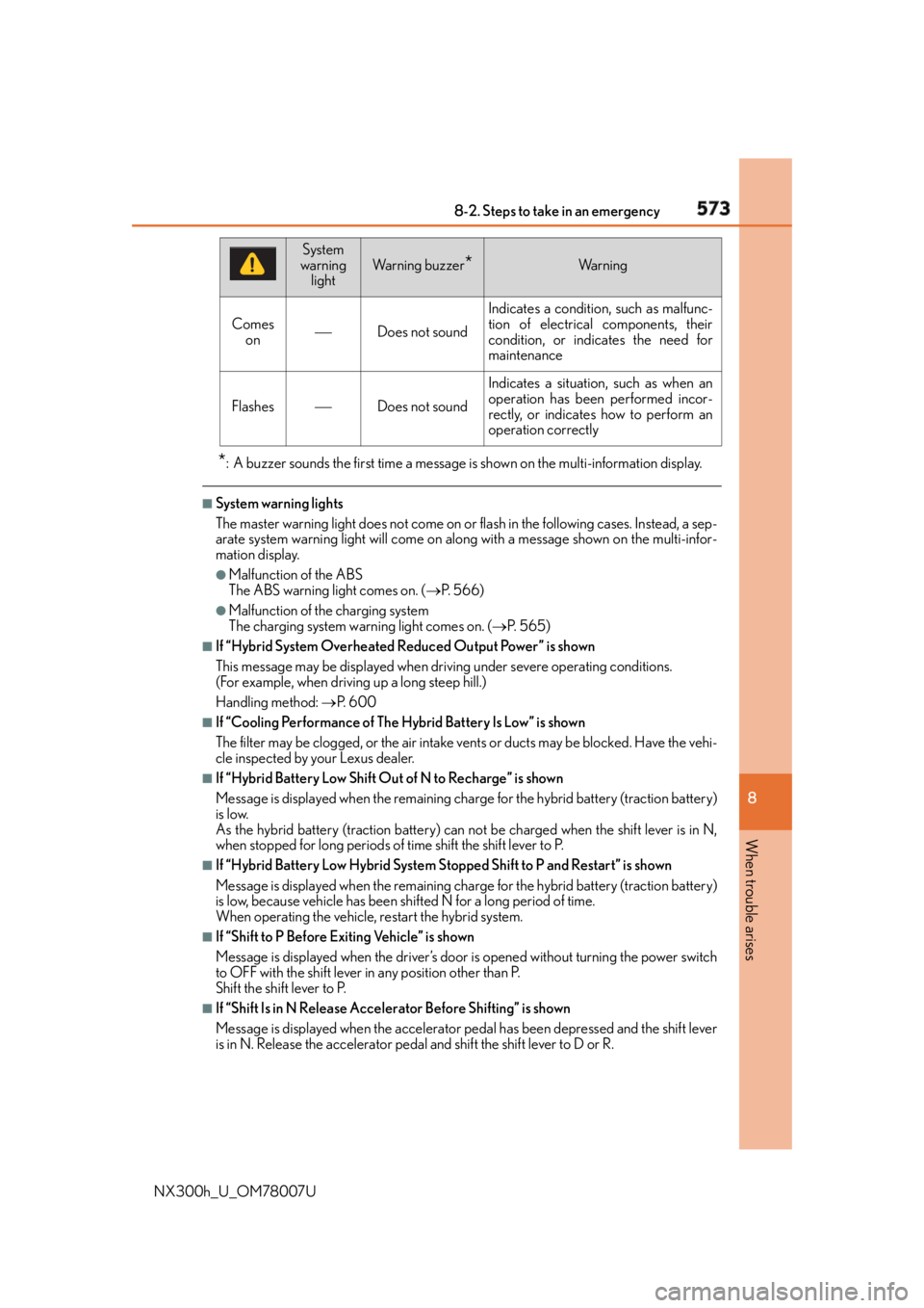 LEXUS NX300h 2015 Service Manual 5738-2. Steps to take in an emergency
8
When trouble arises
NX300h_U_OM78007U * : A buzzer sounds the first time a message is shown on the multi-information display. ■
System warning lights
The mast