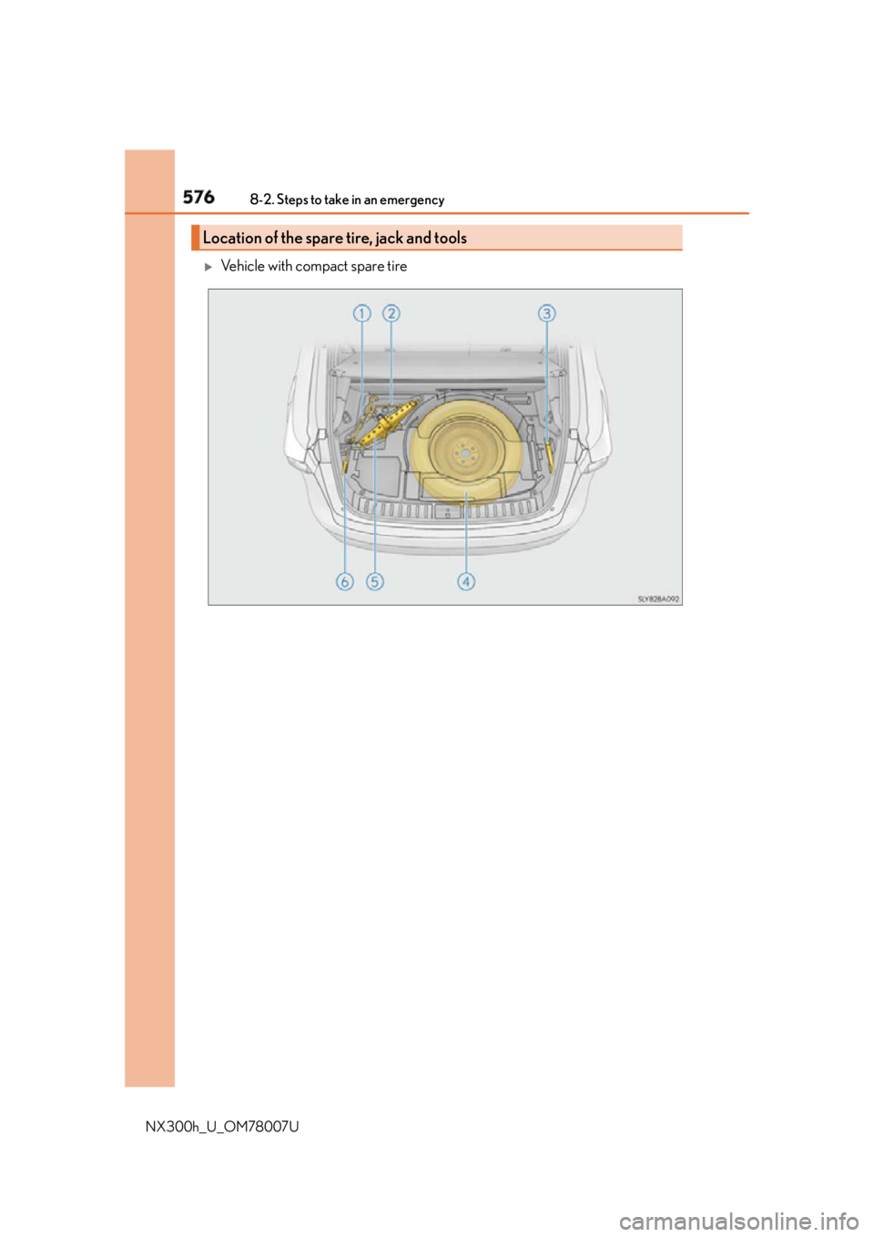 LEXUS NX300h 2015  Owners Manual 576 8-2. Steps to take in an emergency
NX300h_U_OM78007U 
Vehicle with compact spare tire
Location of the spare tire, jack and tools 