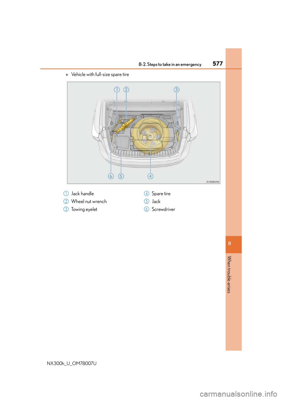 LEXUS NX300h 2015  Owners Manual 5778-2. Steps to take in an emergency
8
When trouble arises
NX300h_U_OM78007U 
Vehicle with full-size spare tire
Jack handle
Wheel nut wrench
Towing eyelet Spare tire
Jack
Screwdriver1
2
3 4
5
6 