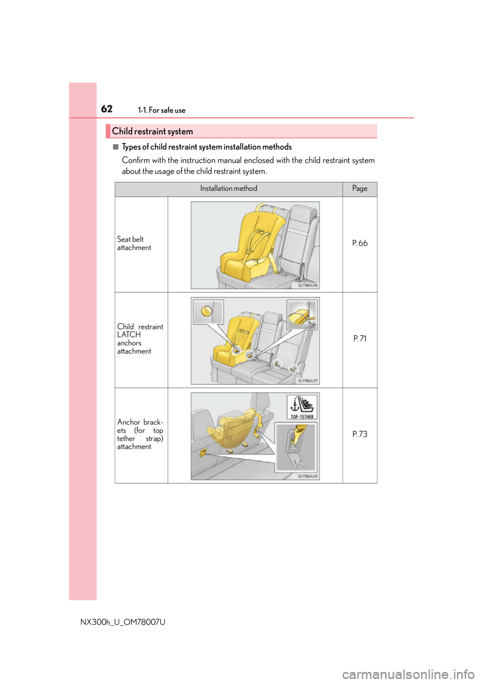LEXUS NX300h 2015 Repair Manual 62 1-1. For safe use
NX300h_U_OM78007U ■
Types of child restraint system installation methods
Confirm with the instruction manual en closed with the child restraint system
about the usage of the chi