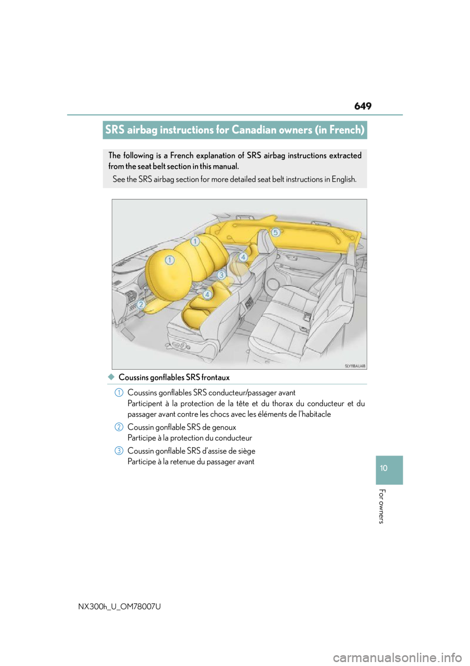 LEXUS NX300h 2015 Owners Manual 649
10
For owners
NX300h_U_OM78007USRS airbag instructions for Ca nadian owners (in French)
◆ Coussins gonflables SRS frontaux
Coussins gonflables SRS conducteur/passager avant
Participent à la pro LEXUS NX300h 2015 Owners Manual 649
10
For owners
NX300h_U_OM78007USRS airbag instructions for Ca nadian owners (in French)
◆ Coussins gonflables SRS frontaux
Coussins gonflables SRS conducteur/passager avant
Participent à la pro