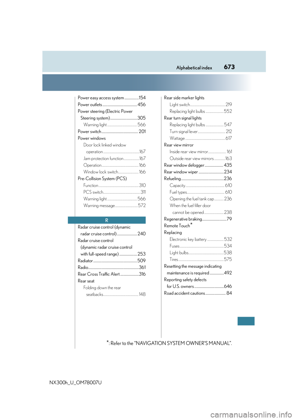 LEXUS NX300h 2015 Owners Manual 673Alphabetical index
NX300h_U_OM78007U Power easy access system .................154
Power outlets ......................................... 456
Power steering  (Electric Power 
Steering system) ....