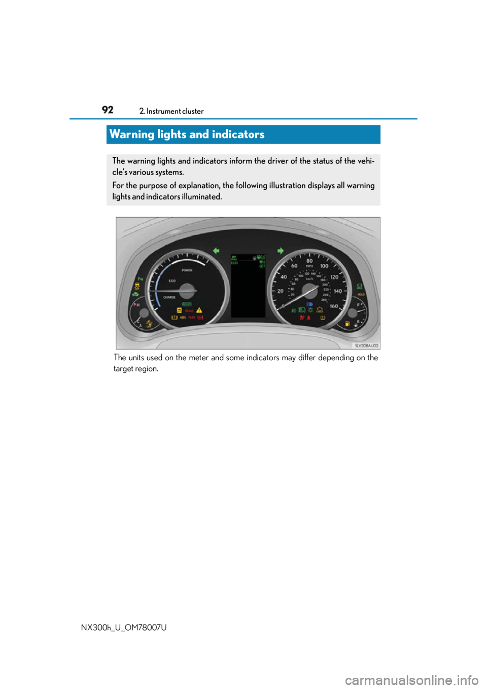 LEXUS NX300h 2015  Owners Manual 92 2. Instrument cluster
NX300h_U_OM78007UWarning lights and indicators
The units used on the meter and some indicators may differ depending on the
target region.The warning lights and indicators info