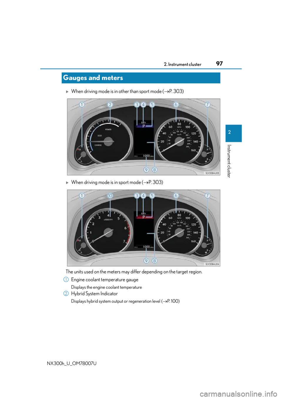 LEXUS NX300h 2015  Owners Manual 972. Instrument cluster
2
Instrument cluster
NX300h_U_OM78007UGauges and meters 
When driving mode is in other than sport mode (  P. 303)
When driving mode is in sport mode (  P.  3 0 3 )
