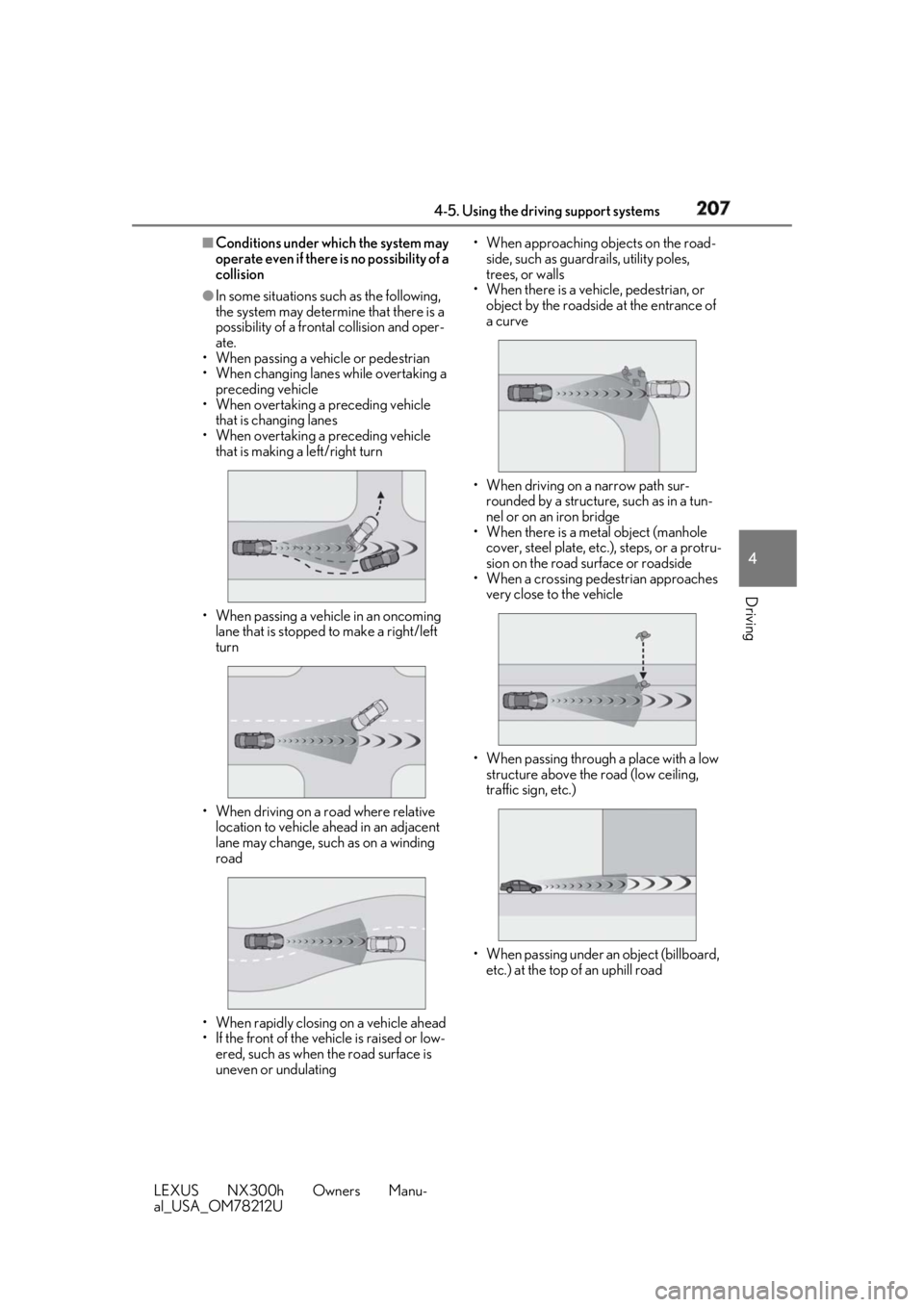 LEXUS NX300h 2018  Owners Manual 2074-5. Using the driving support systems
LEXUS NX300h Owners Manu-
al_USA_OM78212U 4
Driving ■
Conditions under which the system may 
operate even if there  is no possibility of a 
collision●
In 