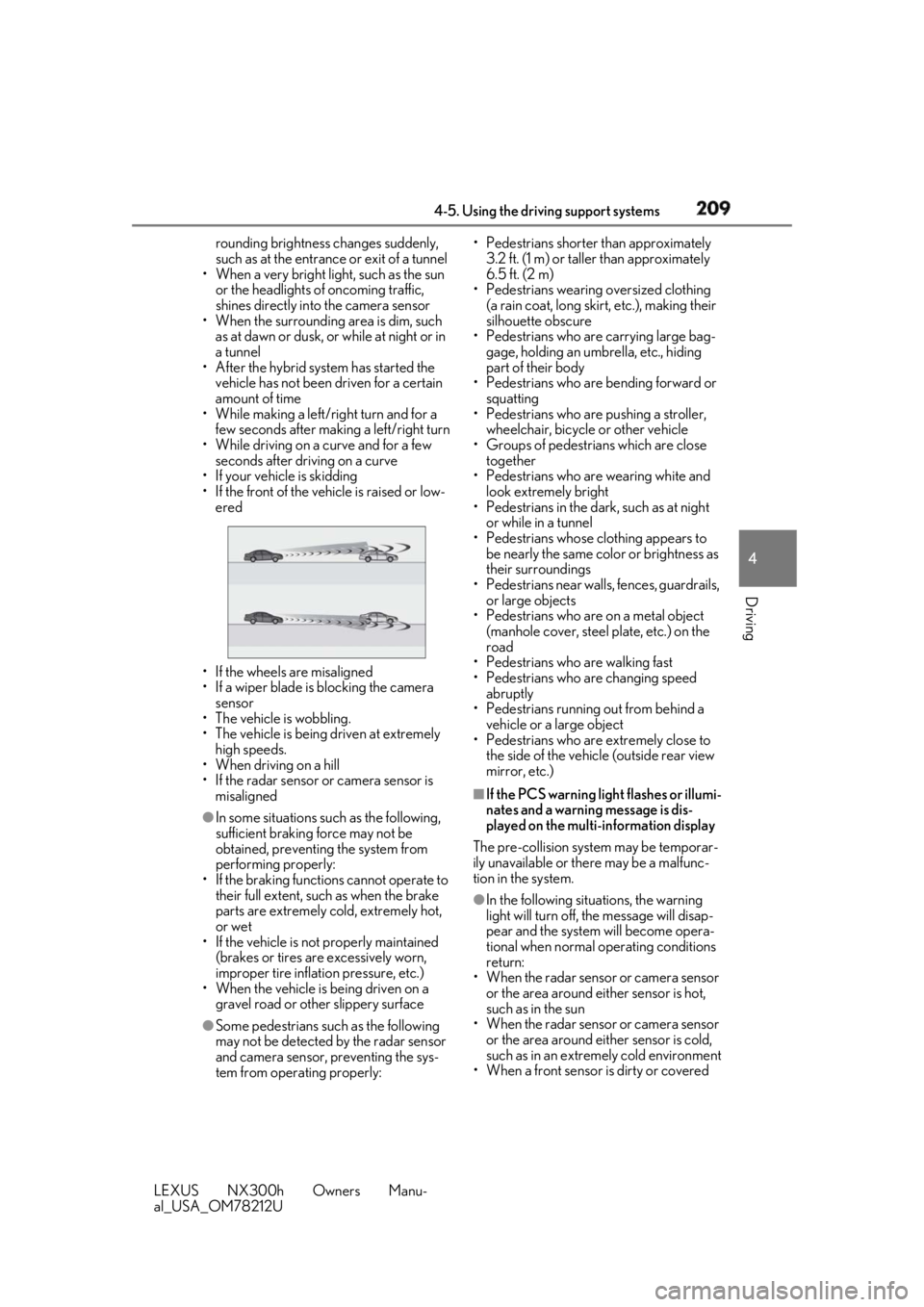 LEXUS NX300h 2018 Owners Manual 2094-5. Using the driving support systems
LEXUS NX300h Owners Manu-
al_USA_OM78212U 4
Driving rounding brightness changes suddenly,
such as at the entrance or exit of a tunnel
• When a very bright LEXUS NX300h 2018 Owners Manual 2094-5. Using the driving support systems
LEXUS NX300h Owners Manu-
al_USA_OM78212U 4
Driving rounding brightness changes suddenly,
such as at the entrance or exit of a tunnel
• When a very bright