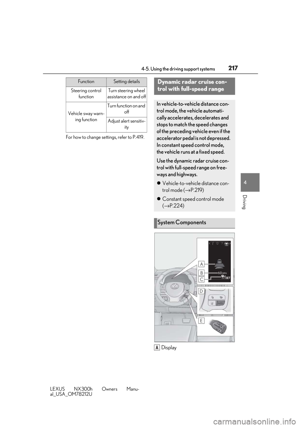 LEXUS NX300h 2018 Owners Manual 2174-5. Using the driving support systems
LEXUS NX300h Owners Manu-
al_USA_OM78212U 4
Driving For how to change settings, refer to P.419.
DisplaySteering control
function Turn steering wheel
assista LEXUS NX300h 2018 Owners Manual 2174-5. Using the driving support systems
LEXUS NX300h Owners Manu-
al_USA_OM78212U 4
Driving For how to change settings, refer to P.419.
DisplaySteering control
function Turn steering wheel
assista