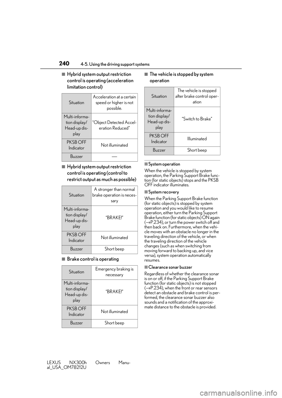 LEXUS NX300h 2018 Service Manual 240 4-5. Using the driving support systems
LEXUS NX300h Owners Manu-
al_USA_OM78212U ■
Hybrid system output restriction 
control is operating (acceleration 
limitation control)
■
Hybrid system out