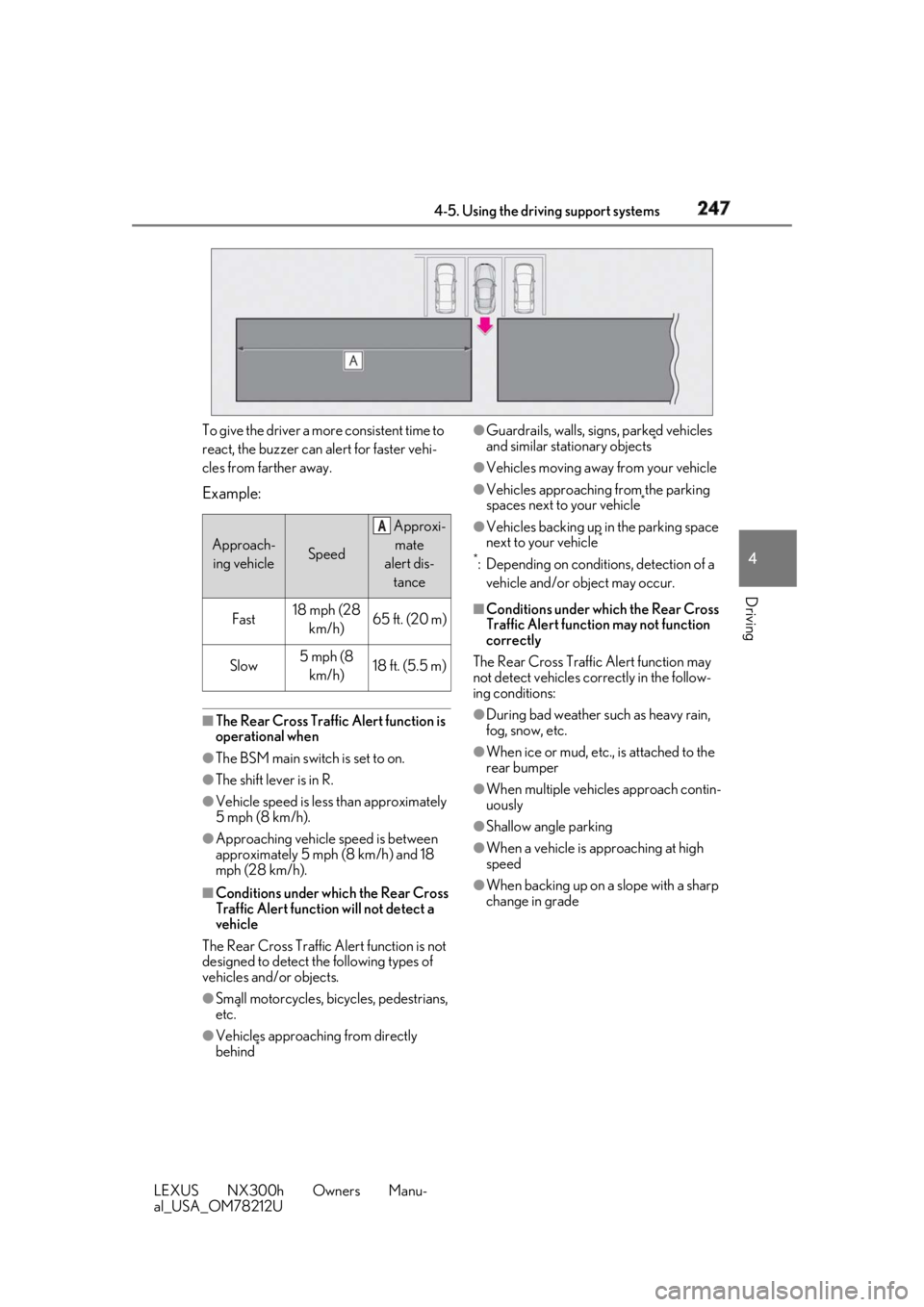 LEXUS NX300h 2018 Owners Manual 2474-5. Using the driving support systems
LEXUS NX300h Owners Manu-
al_USA_OM78212U 4
Driving To give the driver a more consistent time to
react, the buzzer can alert for faster vehi-
cles from farth LEXUS NX300h 2018 Owners Manual 2474-5. Using the driving support systems
LEXUS NX300h Owners Manu-
al_USA_OM78212U 4
Driving To give the driver a more consistent time to
react, the buzzer can alert for faster vehi-
cles from farth