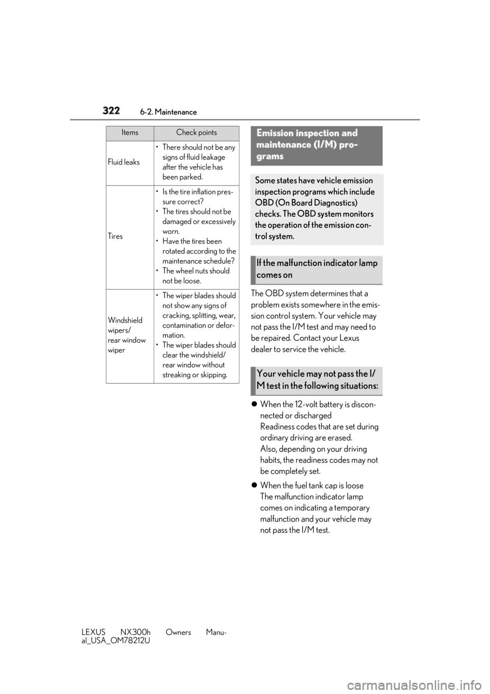 LEXUS NX300h 2018 Owners Manual 322 6-2. Maintenance
LEXUS NX300h Owners Manu-
al_USA_OM78212U The OBD system determines that a
problem exists somewhere in the emis-
sion control system. Your vehicle may
not pass the I/M test and LEXUS NX300h 2018 Owners Manual 322 6-2. Maintenance
LEXUS NX300h Owners Manu-
al_USA_OM78212U The OBD system determines that a
problem exists somewhere in the emis-
sion control system. Your vehicle may
not pass the I/M test and