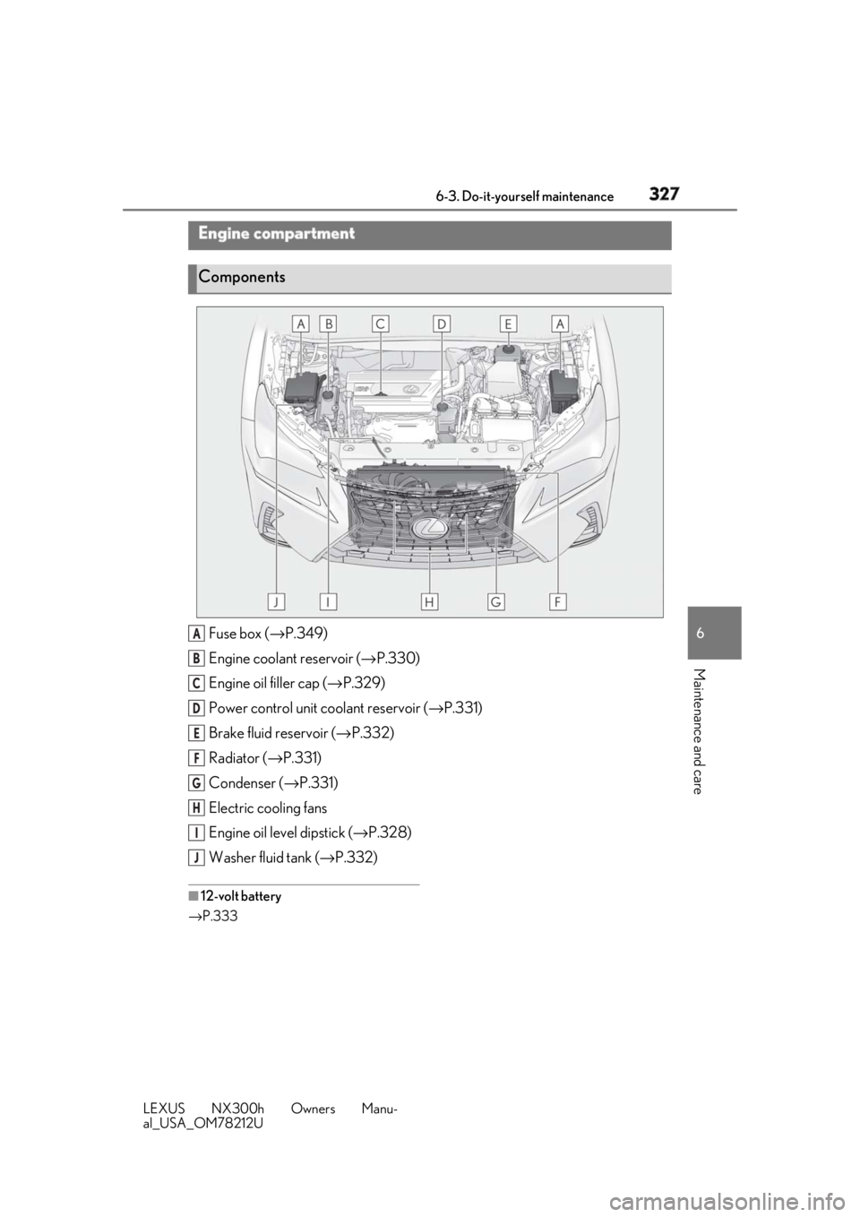 LEXUS NX300h 2018 Owners Manual 3276-3. Do-it-yourself maintenance
LEXUS NX300h Owners Manu-
al_USA_OM78212U 6
Maintenance and care
Fuse box ( → P.349)
Engine coolant reservoir ( → P.330)
Engine oil filler cap ( → P.329)
Power LEXUS NX300h 2018 Owners Manual 3276-3. Do-it-yourself maintenance
LEXUS NX300h Owners Manu-
al_USA_OM78212U 6
Maintenance and care
Fuse box ( → P.349)
Engine coolant reservoir ( → P.330)
Engine oil filler cap ( → P.329)
Power