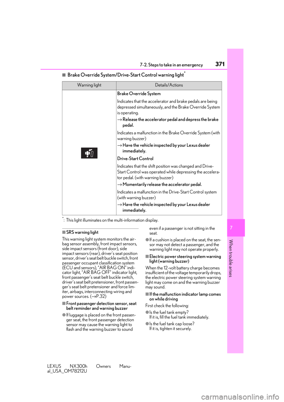 LEXUS NX300h 2018 Owners Manual 3717-2. Steps to take in an emergency
LEXUS NX300h Owners Manu-
al_USA_OM78212U 7
When trouble arises ■
Brake Override System/Drive-S tart Control warning light *
*
: This light illuminates on the m LEXUS NX300h 2018 Owners Manual 3717-2. Steps to take in an emergency
LEXUS NX300h Owners Manu-
al_USA_OM78212U 7
When trouble arises ■
Brake Override System/Drive-S tart Control warning light *
*
: This light illuminates on the m