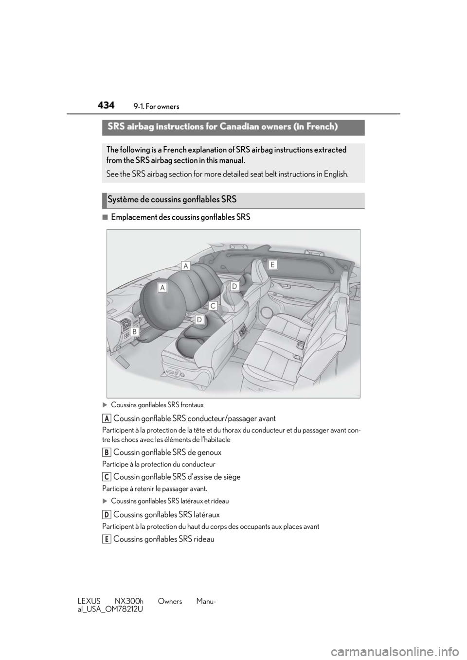 LEXUS NX300h 2018 Owners Manual 434 9-1. For owners
LEXUS NX300h Owners Manu-
al_USA_OM78212U ■
Emplacement des coussi ns gonflables SRS
Coussins gonflables SRS frontaux
Coussin gonflable SRS conducteur/passager avantParticipe LEXUS NX300h 2018 Owners Manual 434 9-1. For owners
LEXUS NX300h Owners Manu-
al_USA_OM78212U ■
Emplacement des coussi ns gonflables SRS
Coussins gonflables SRS frontaux
Coussin gonflable SRS conducteur/passager avantParticipe