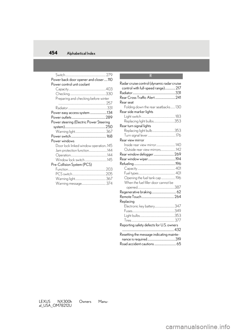 LEXUS NX300h 2018 Owners Manual 454 Alphabetical Index
LEXUS NX300h Owners Manu-
al_USA_OM78212U Switch .............................................................. 279
Power back door open er and closer ..... 110
Power control un LEXUS NX300h 2018 Owners Manual 454 Alphabetical Index
LEXUS NX300h Owners Manu-
al_USA_OM78212U Switch .............................................................. 279
Power back door open er and closer ..... 110
Power control un