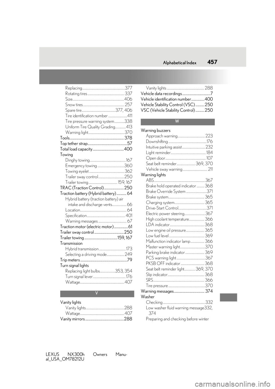 LEXUS NX300h 2018 Owners Manual 457What to do if... (Troubleshooting)
LEXUS NX300h Owners Manu-
al_USA_OM78212U Alphabetical Index
457Replacing ........................................................377
Rotating tires ............. LEXUS NX300h 2018 Owners Manual 457What to do if... (Troubleshooting)
LEXUS NX300h Owners Manu-
al_USA_OM78212U Alphabetical Index
457Replacing ........................................................377
Rotating tires .............
