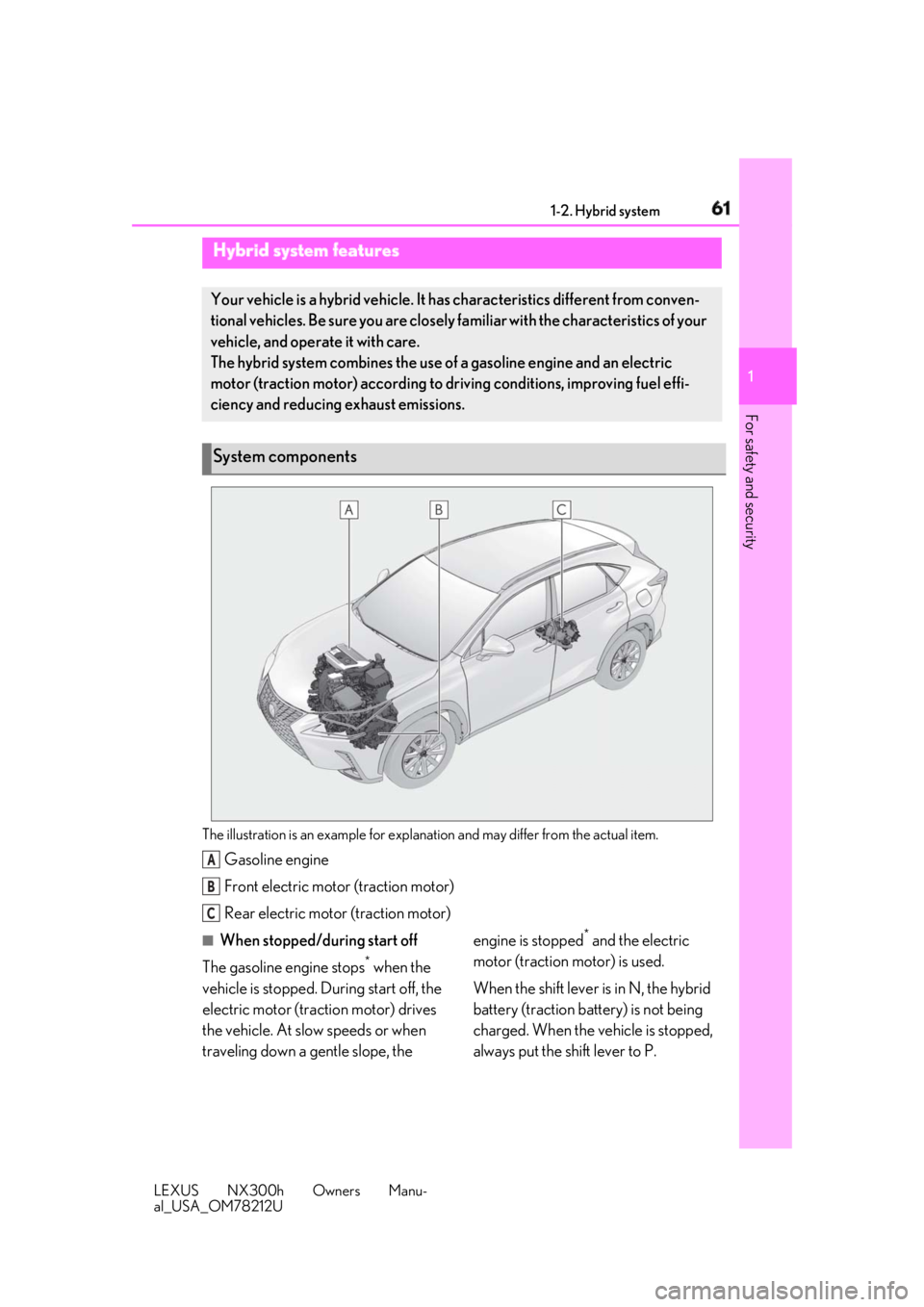 LEXUS NX300h 2018  Owners Manual 611-2. Hybrid system
LEXUS NX300h Owners Manu-
al_USA_OM78212U 1
For safety and security 1-2.Hybrid system
The illustration is an example for explanation and may differ from the actual item.
Gasoline 