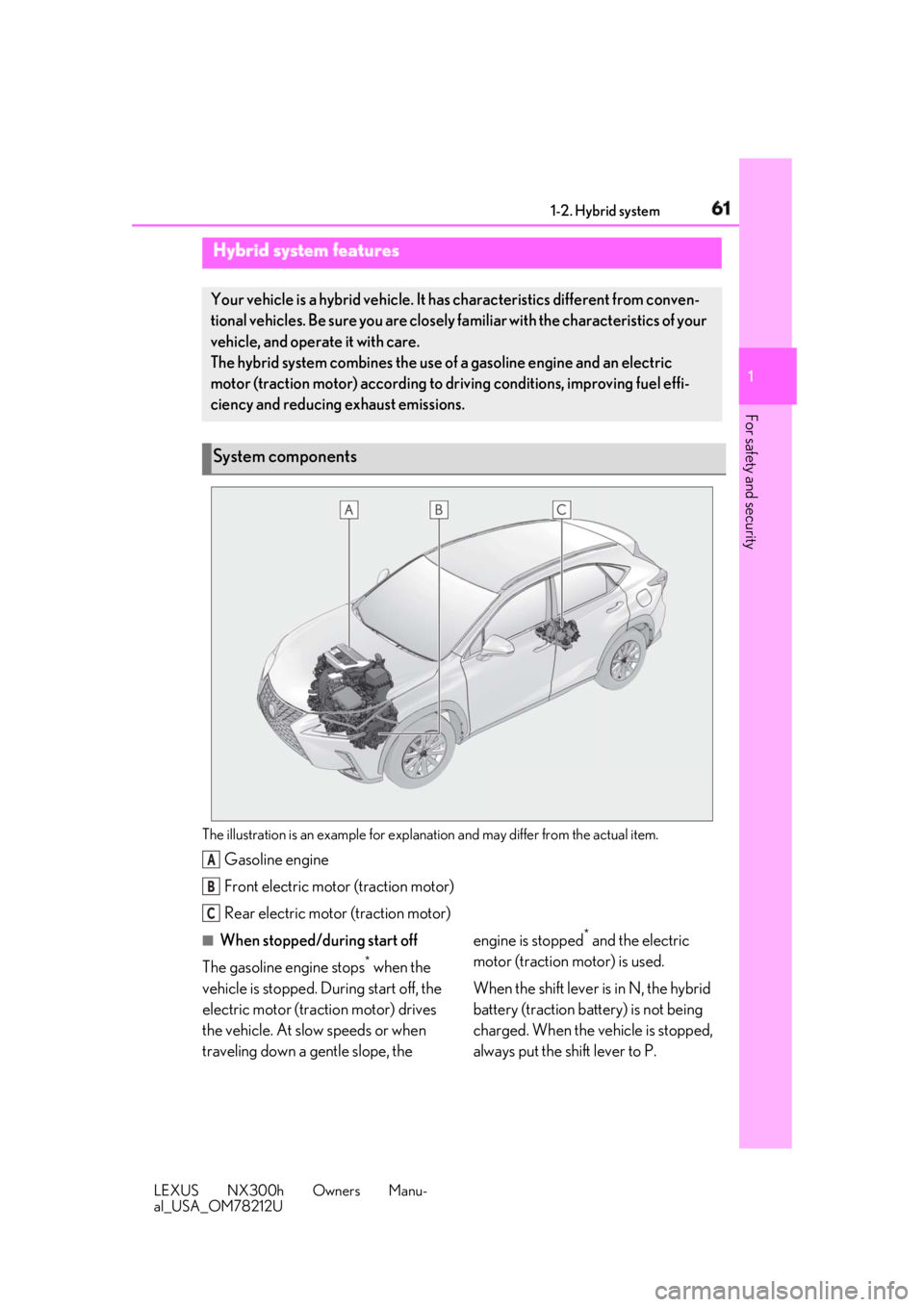 LEXUS NX300h 2018 Repair Manual 611-2. Hybrid system
LEXUS NX300h Owners Manu-
al_USA_OM78212U 1
For safety and security 1-2.Hybrid system
The illustration is an example for explanation and may differ from the actual item.
Gasoline LEXUS NX300h 2018 Repair Manual 611-2. Hybrid system
LEXUS NX300h Owners Manu-
al_USA_OM78212U 1
For safety and security 1-2.Hybrid system
The illustration is an example for explanation and may differ from the actual item.
Gasoline