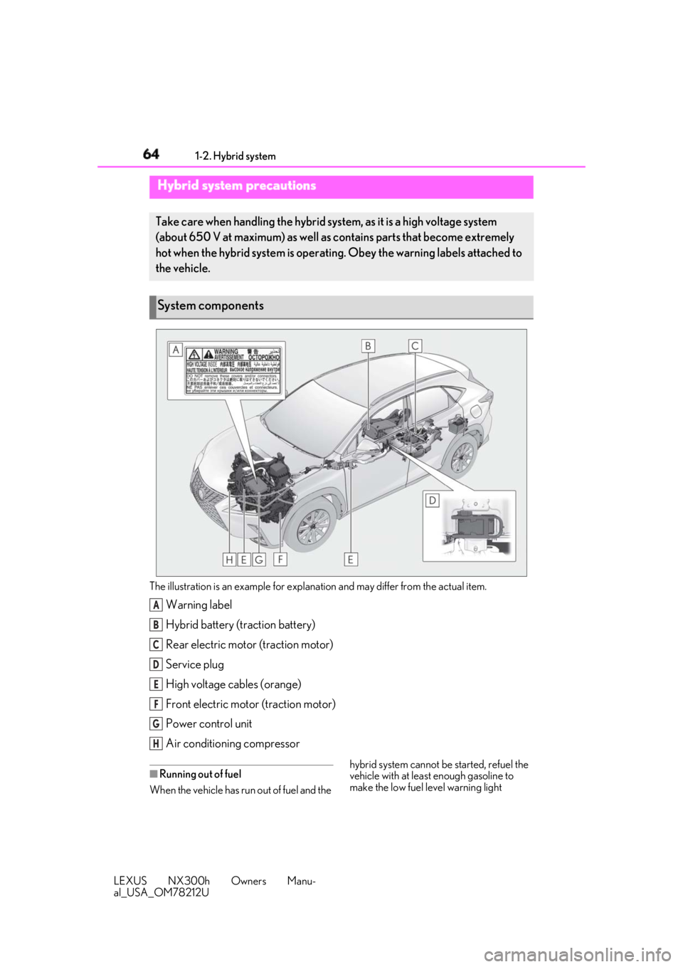 LEXUS NX300h 2018  Owners Manual 64 1-2. Hybrid system
LEXUS NX300h Owners Manu-
al_USA_OM78212U The illustration is an example for explanation and may differ from the actual item.
Warning label
Hybrid battery (traction battery)
Rear