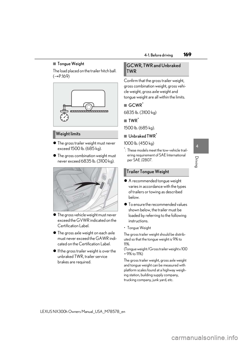 LEXUS NX300h 2021 Owners Manual 1694-1. Before driving
LEXUS NX300h Owners Manual_USA_M78578_en
4
Driving
■Tongue Weight
The load placed on the trailer hitch ball.
( P.169)
The gross trailer weight must never
exceed 150 LEXUS NX300h 2021 Owners Manual 1694-1. Before driving
LEXUS NX300h Owners Manual_USA_M78578_en
4
Driving
■Tongue Weight
The load placed on the trailer hitch ball.
( P.169)
The gross trailer weight must never
exceed 150
