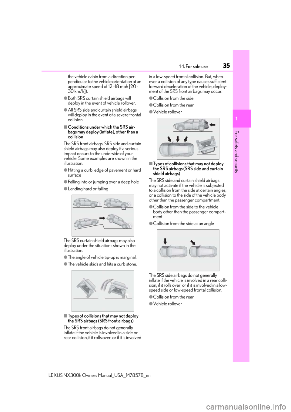 LEXUS NX300h 2021 Owners Guide 351-1. For safe use
LEXUS NX300h Owners  Manual_USA_M78578_en
1
For safety and security
the vehicle cabin from a direction per-
pendicular to the vehicle orientation at an 
approximate speed of 12 -18