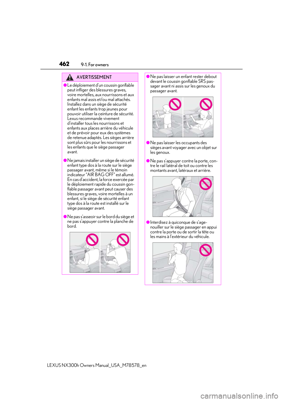 LEXUS NX300h 2021  Owners Manual 4629-1. For owners
LEXUS NX300h Owners Manual_USA_M78578_en
AVERTISSEMENT
●Le déploiement d’un coussin gonflable 
peut infliger des blessures graves, 
voire mortelles, aux nourrissons et aux 
enf
