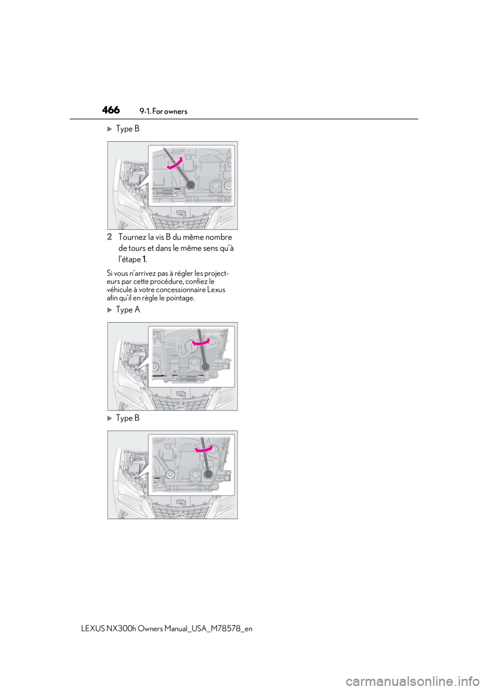 LEXUS NX300h 2021  Owners Manual 4669-1. For owners
LEXUS NX300h Owners Manual_USA_M78578_en
Type B
2 Tournez la vis B du même nombre 
de tours et dans le même sens qu’à 
l’étape  1.
Si vous n’arrivez pas à régler les 