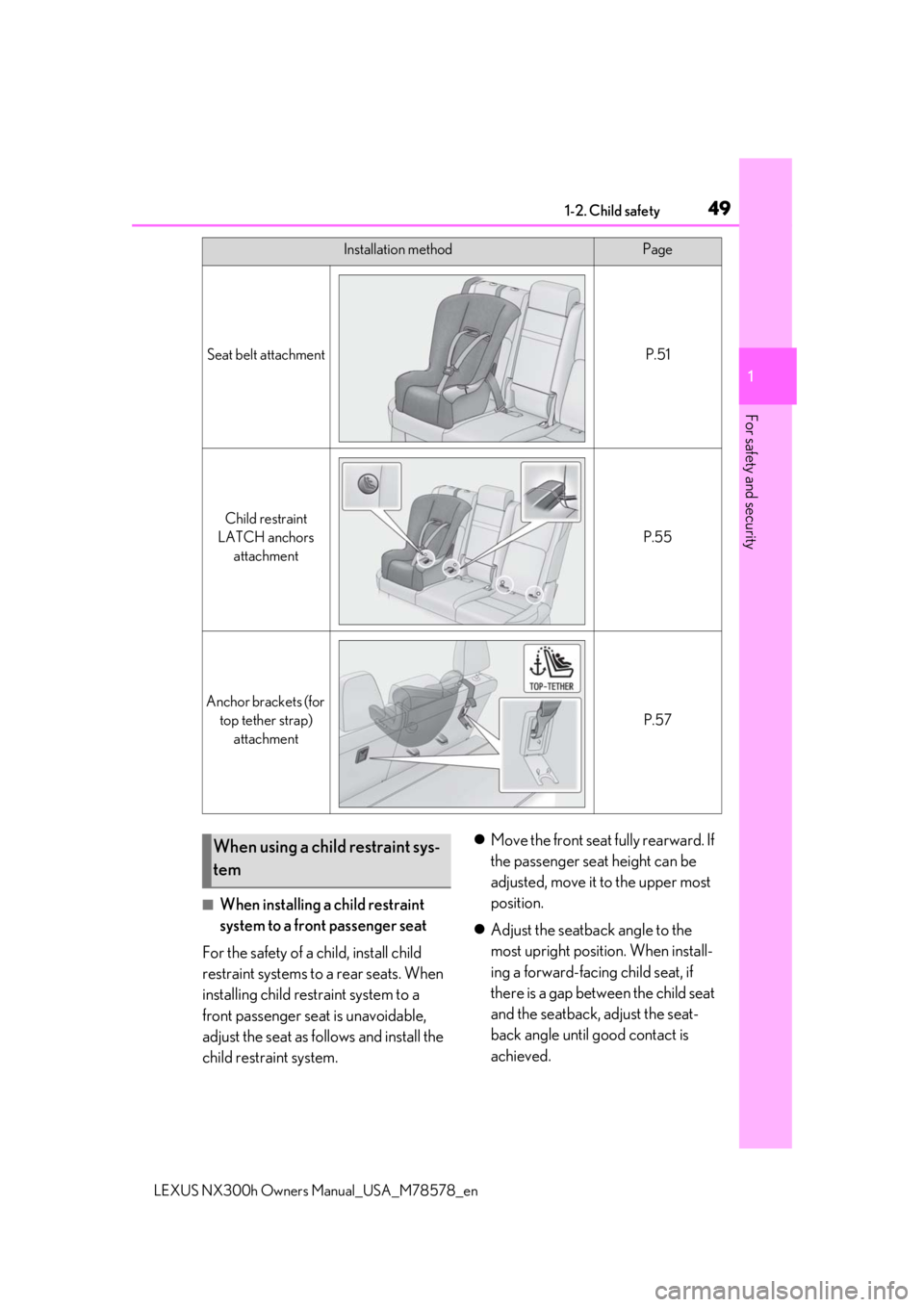 LEXUS NX300h 2021 Service Manual 491-2. Child safety
LEXUS NX300h Owners  Manual_USA_M78578_en
1
For safety and security
■When installing a child restraint 
system to a front passenger seat
For the safety of a child, install child 
