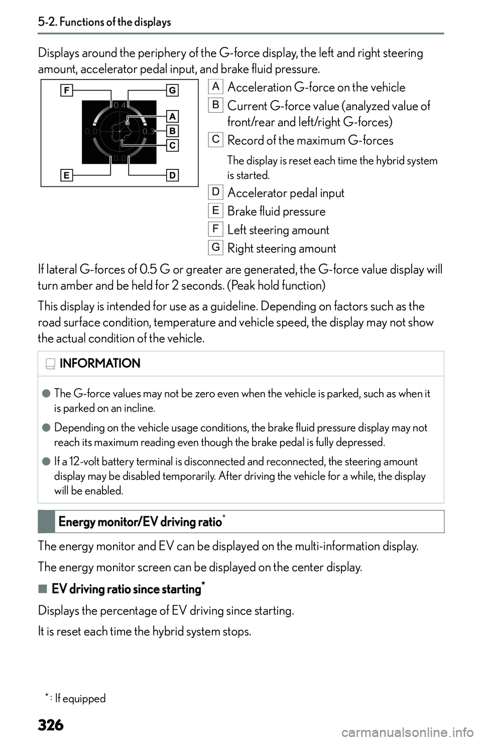LEXUS NX300h 2022  Owners Manual �D�i�s�p�l�a�y�s� �a�r�o�u�n�d� �t�h�e� �p�e�r�i�p�h�e�r�y� �o�f� �t�h�e� �G�-�f�o�r�c�e� �d�i�s�p�l�a�y�,� �t�h�e� �l�e�f�t� �a�n�d� �r�i�g�h�t� �s�t�e�e�r�i�n�g
�a�m�o�u�n�t�,� �a�c�c�e�l�e�r�a�t�o�