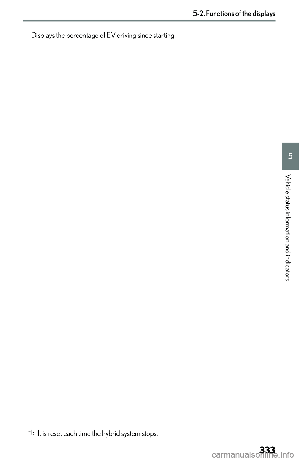 LEXUS NX300h 2022  Owners Manual �D�i�s�p�l�a�y�s� �t�h�e� �p�e�r�c�e�n�t�a�g�e� �o�f� �E�V� �d�r�i�v�i�n�g� �s�i�n�c�e� �s�t�a�r�t�i�n�g�.�*�1� �:� �I�t� �i�s� �r�e�s�e�t� �e�a�c�h� �t�i�m�e� �t�h�e� �h�y�b�r�i�d� �s�y�s�t�e�m� �s�t